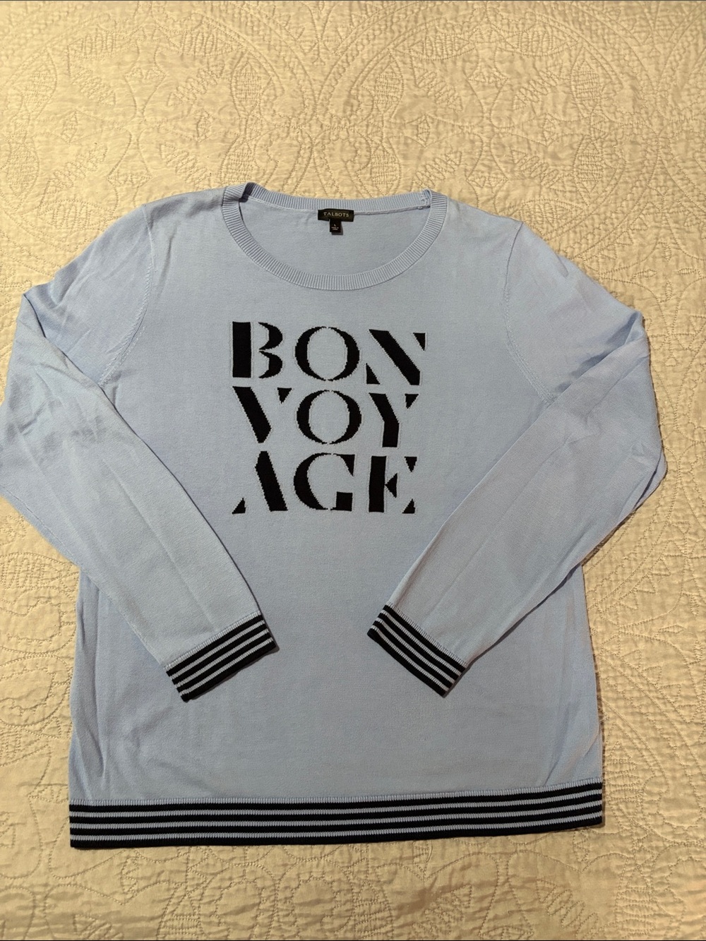 Talbots Light Blue 'BON VOYAGE' Graphic Knit Sweater with Navy Trim, sz L